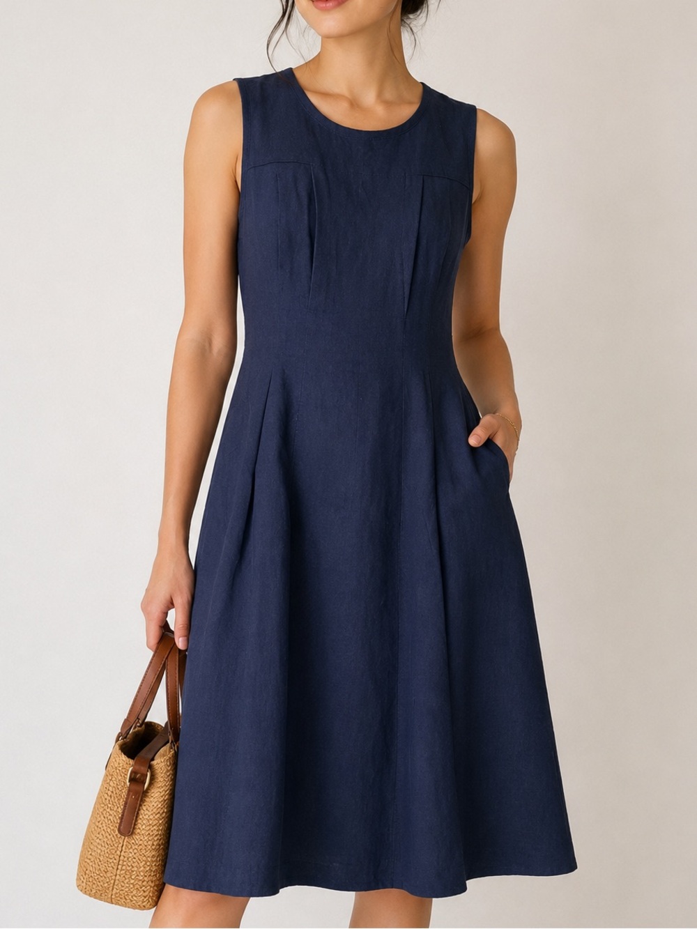 Theory Navy Linen Blend Sleeveless Fit & Flare Dress Size 6 A-Line Office Career